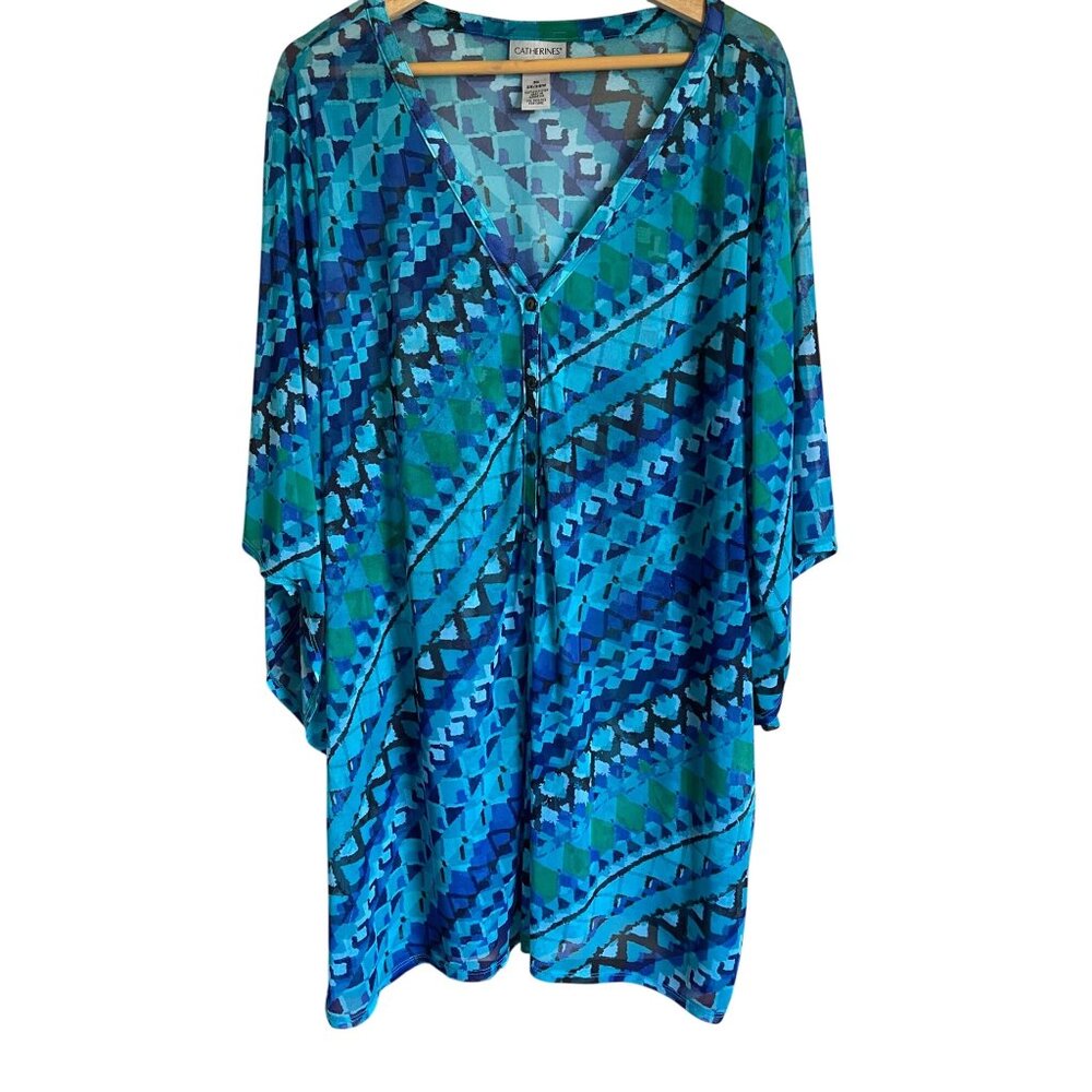 CATHERINES 3X Blue Artsy Semi Sheer Tunic Geometric Boho Bohemian Pool Beachy Su